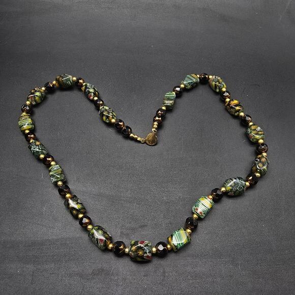 Vintage Teng Yue Green Millefiori Glass Beaded Necklace Floral - Picture 5 of 10